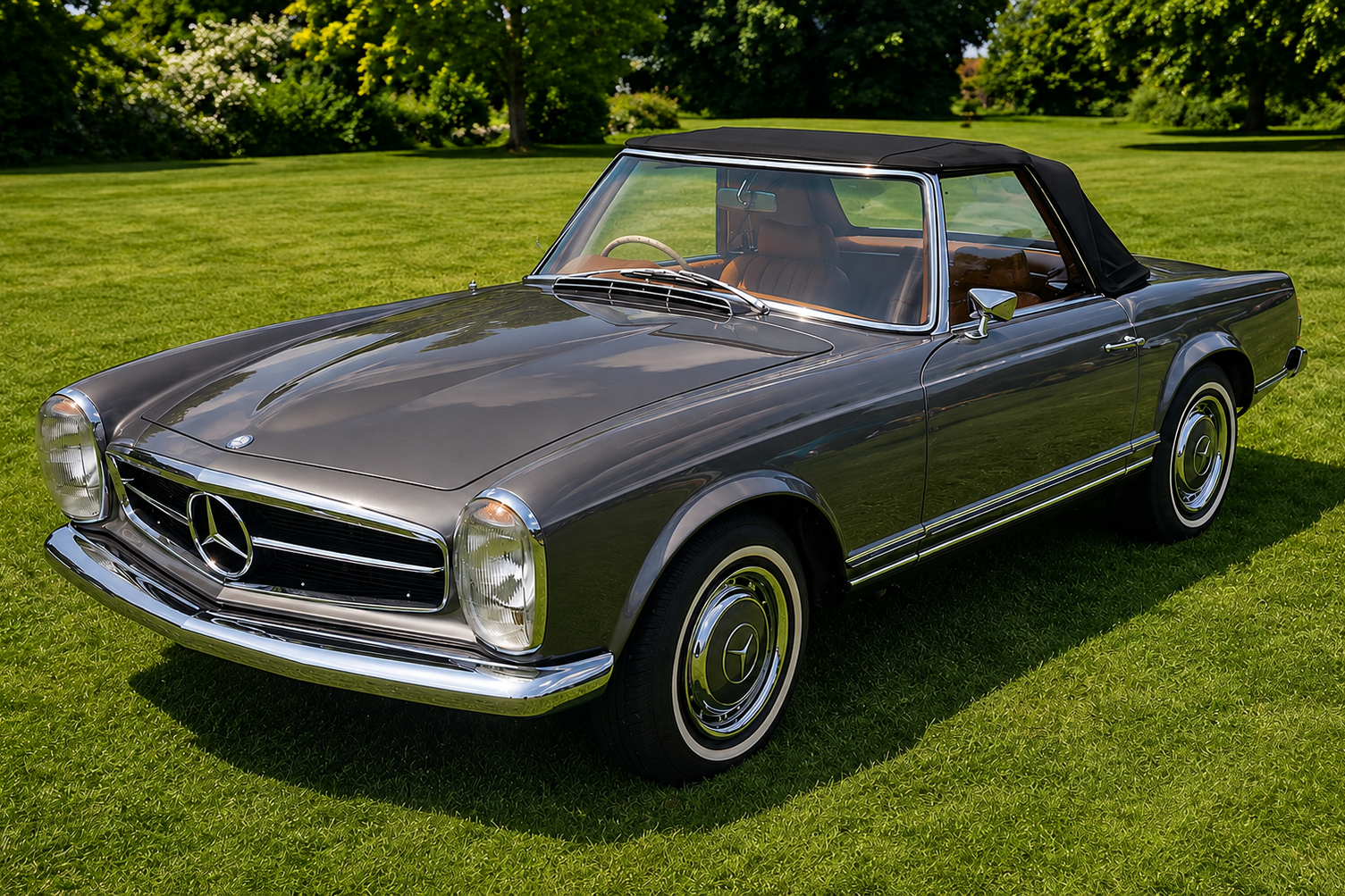 Grey Mercedes-Benz W113 Pagoda SL with black soft top raised, parked on a lawn with trees behind, front three-quarter view showing the chrome grille with central three-pointed star, stacked headlights, chrome bumper and body-colour steel wheels with chrome hub caps and whitewall tyres.