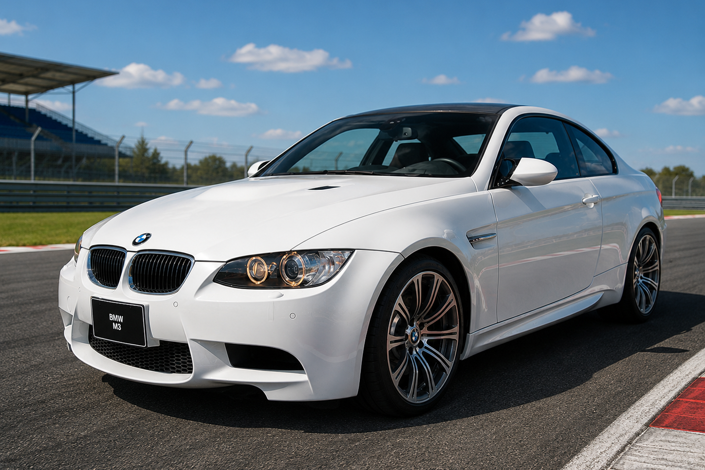 White BMW M3 (E92) coupe on a racetrack, front three-quarter view showing the carbon roof, aggressive front bumper, BMW kidney grille, distinctive V8-era headlamps and multi-spoke alloy wheels.