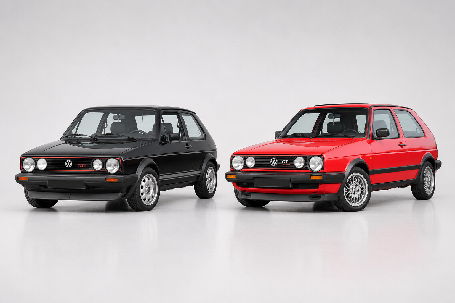 Black Mk1 Golf GTI and red Mk2 Golf GTI 16V side by side, front three-quarter view.