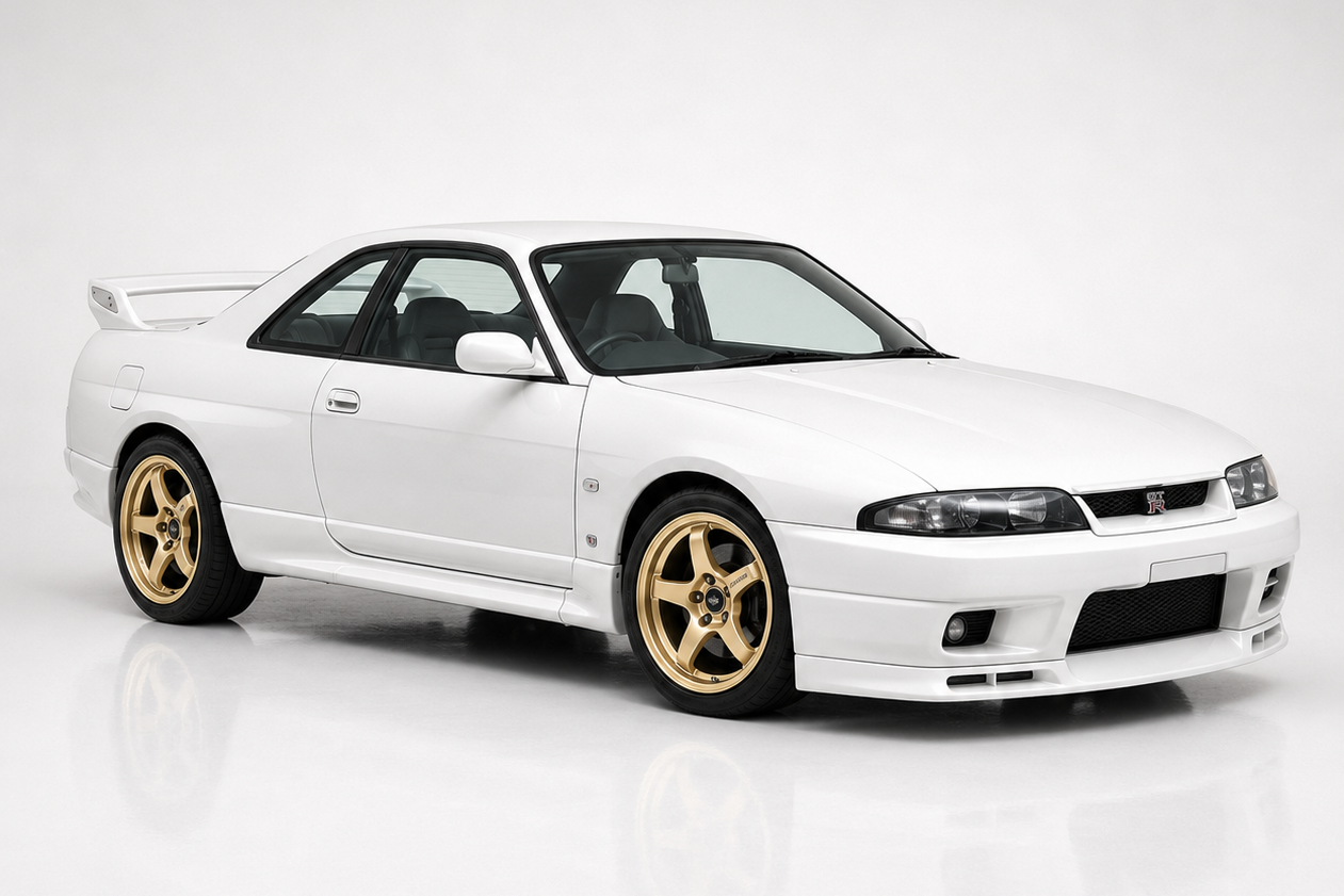 White Nissan Skyline GT-R R33 in a studio setting, front three-quarter view showing the smoother, larger 1990s coupe body, twin round headlamps, tall rear wing and gold multi-spoke wheels.