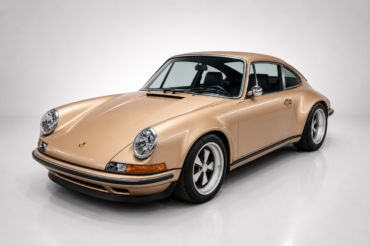 Gold Singer Classic Study Porsche 911 in a studio setting, front three-quarter view showing the long-hood early-911 silhouette, polished silver five-spoke wheels and the reimagined carbon-fibre bodywork.