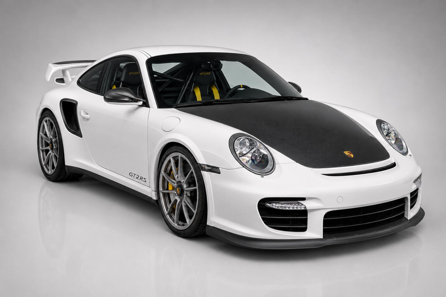 White Porsche 911 GT2 RS (997) with exposed carbon-fibre bonnet in a studio, front three-quarter view showing GT2 RS decals, fixed rear wing, roll cage and lightweight forged wheels.