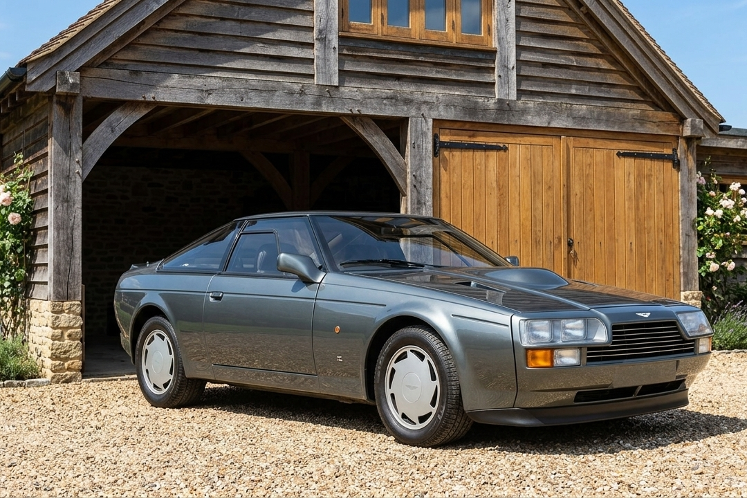 Aston Martin V8 Zagato coupé, front three-quarter view — 1986–1988 Zagato-coachbuilt Vantage in metallic grey with unpainted alloy wheels and the characteristic power-bulge bonnet, parked on gravel in front of an English oak-frame barn.