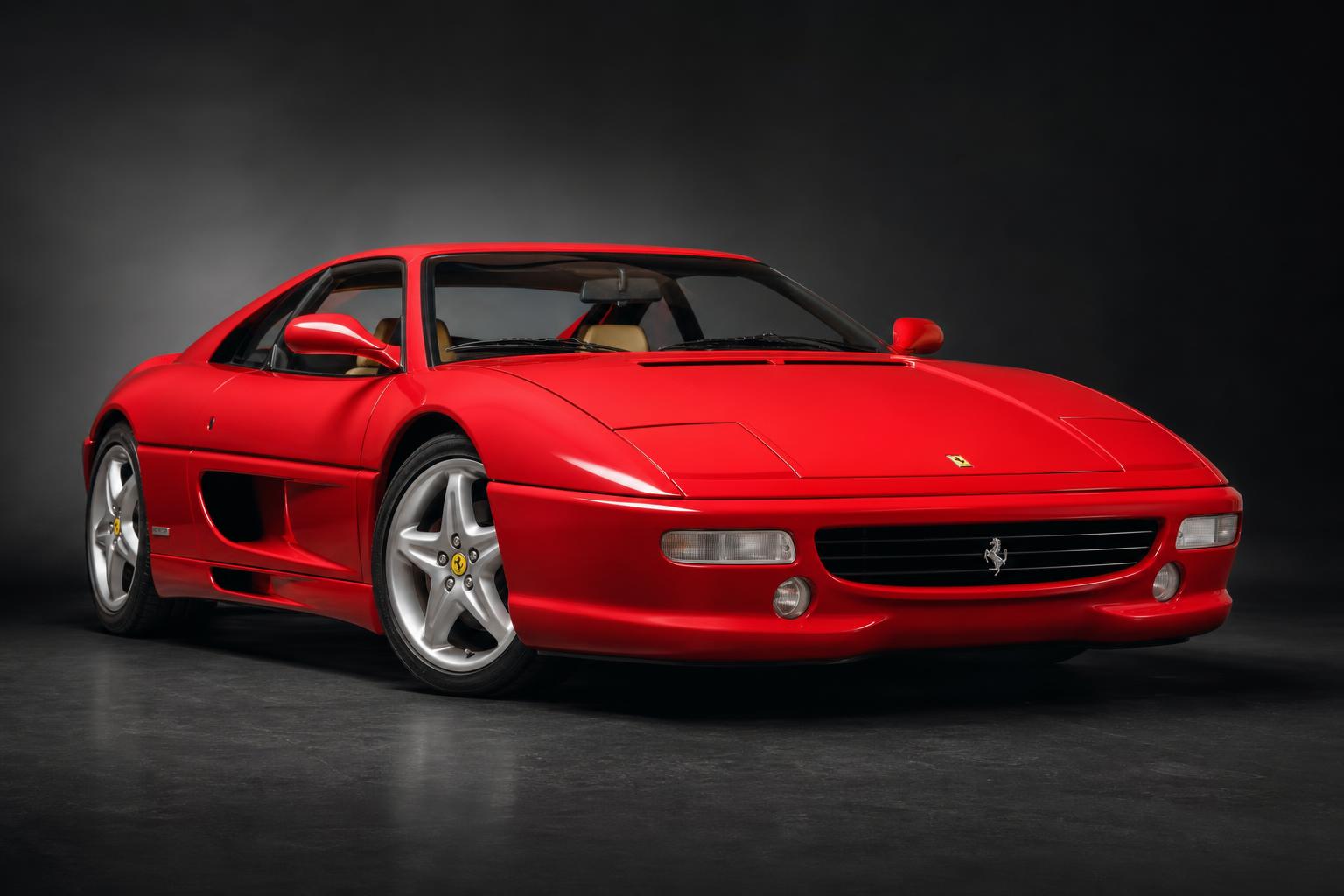 Red Ferrari F355 Berlinetta, three-quarter view showing the pop-up headlamps, side intake feeding the mid-mounted flat-plane V8, five-spoke alloy wheels and tan leather interior.
