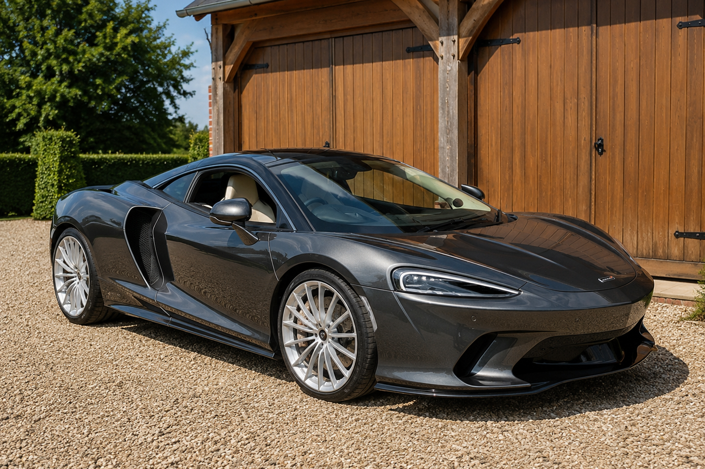 McLaren GT in dark metallic grey with a light interior and silver multi-spoke wheels, front three-quarter view on a gravel forecourt in front of a timber-framed garage / carriage house — the 620 PS / 612 bhp M840TE grand tourer built on McLaren's MonoCell II-T carbon tub; the 2024 GTS is the mid-cycle facelift of the same car.