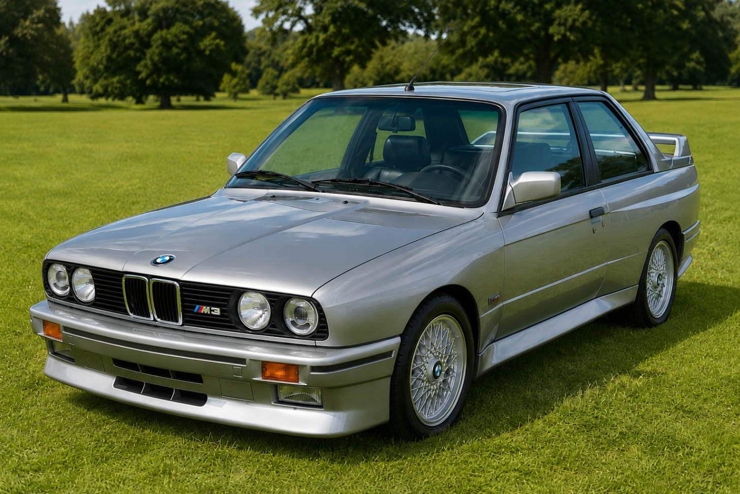 Silver BMW M3 (E30) parked on grass, front three-quarter view showing the flared wheel arches, quad round headlamps, M3 grille badge, boxy 1980s saloon silhouette and cross-spoke alloy wheels.