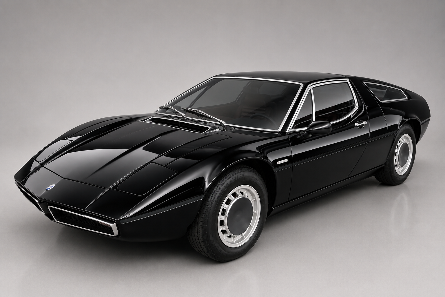 Black Maserati Bora coupé photographed in a studio, front three-quarter view showing the Giugiaro-designed wedge silhouette, brushed stainless steel roof and A-pillars, pop-up headlamps, low nose with slim chrome bumper and Campagnolo-style alloy wheels.