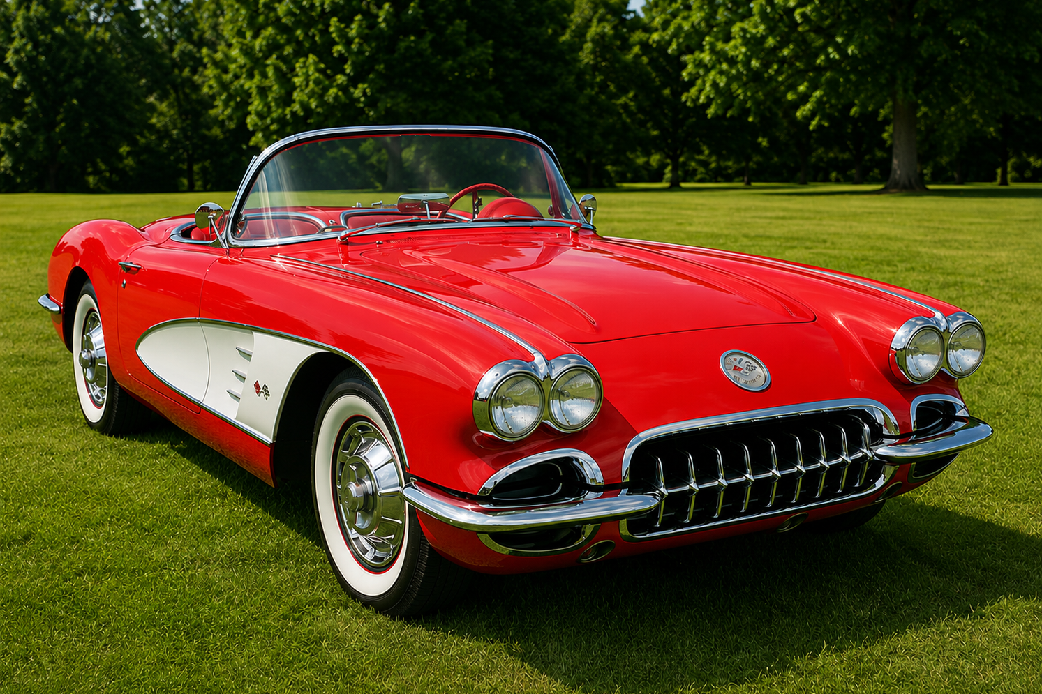 Red 1959 Chevrolet Corvette C1 convertible with white coves and whitewall tyres, parked on green lawn with trees in the background.