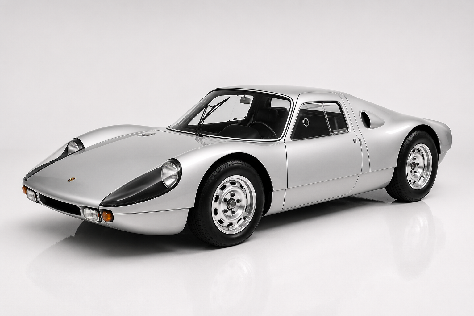 Silver Porsche 904 Carrera GTS in a studio setting, front three-quarter view showing the low fibreglass body, faired-in headlamps, small fixed side windows and centre-lock alloy wheels.