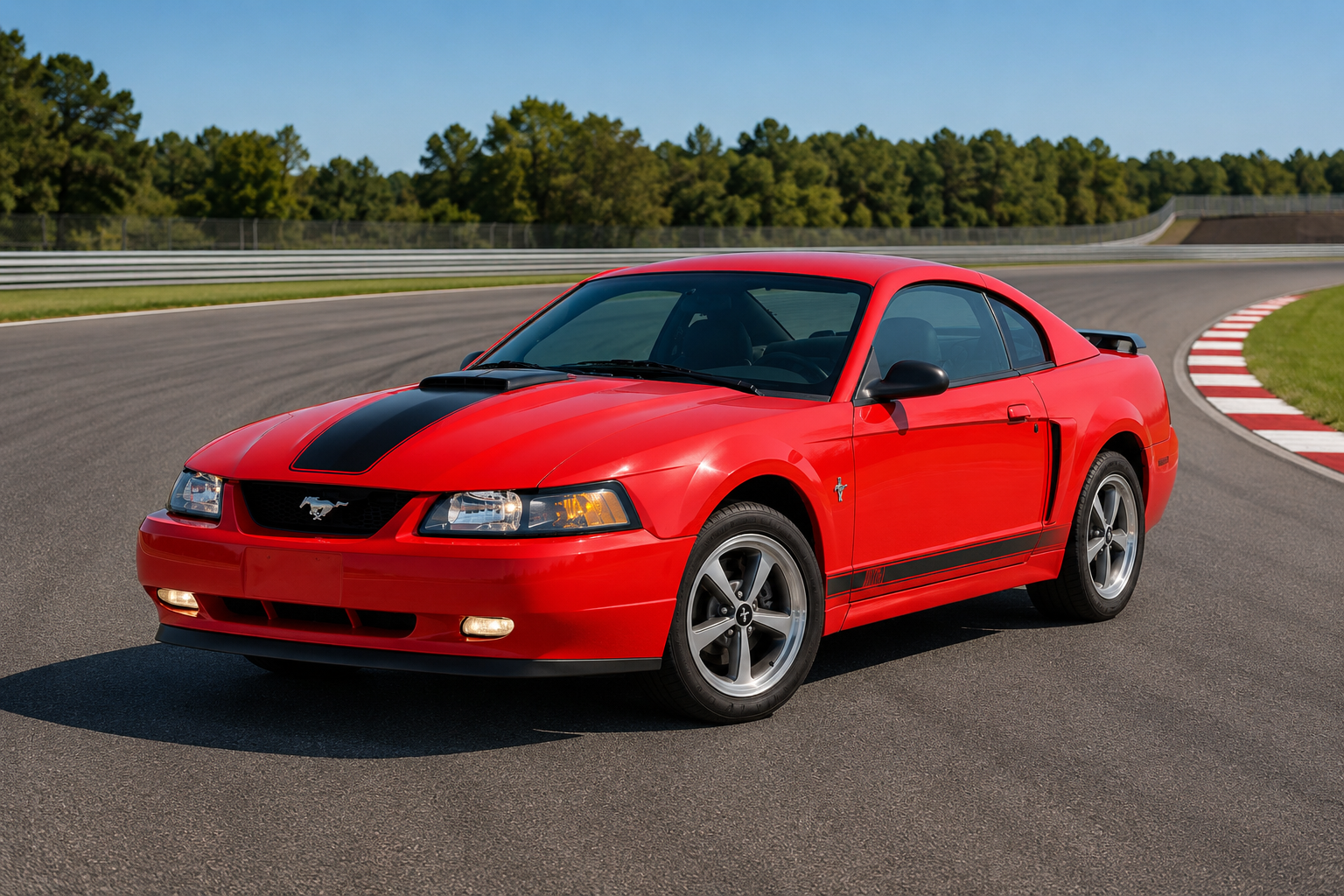 Fourth-generation Ford Mustang SN95 in a studio setting, front three-quarter view, showing the New Edge styling with tri-bar headlights, side scoops and five-spoke alloy wheels.