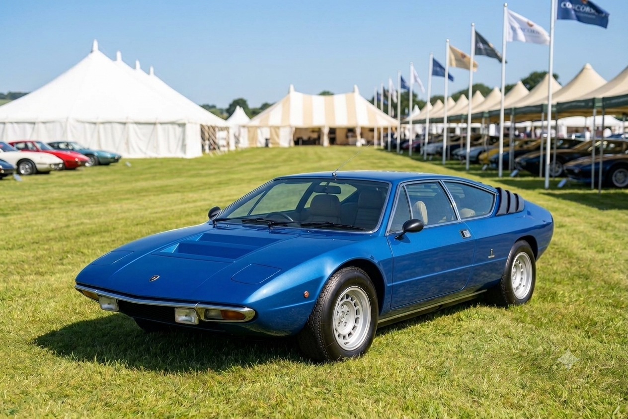 Lamborghini Urraco, front three-quarter view at a UK concours — Gandini-designed, Bertone-bodied 1972–1979 mid-engined Lamborghini V8 2+2 in metallic blue, with the correct Campagnolo alloy wheels, factory louvred rear-quarter panels and the flush pop-up-headlamp nose.