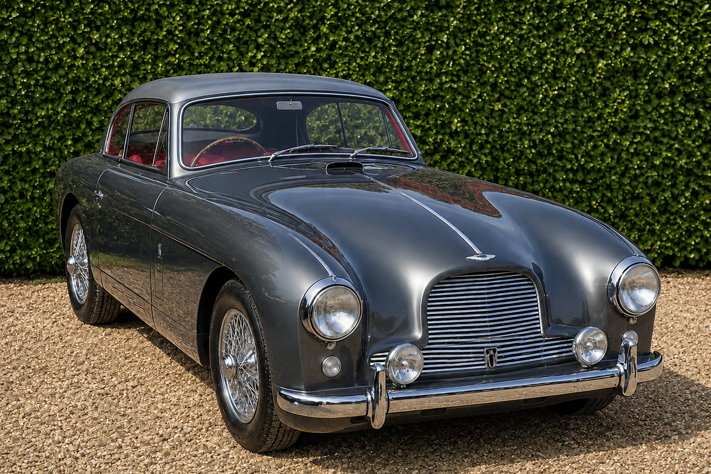 Metallic grey Aston Martin DB2/4 coupe on a gravel driveway in front of a tall clipped hedge, front three-quarter view showing the horizontally slatted chrome grille, round headlamps with side lamps, chrome bumpers with overriders and chrome wire wheels.