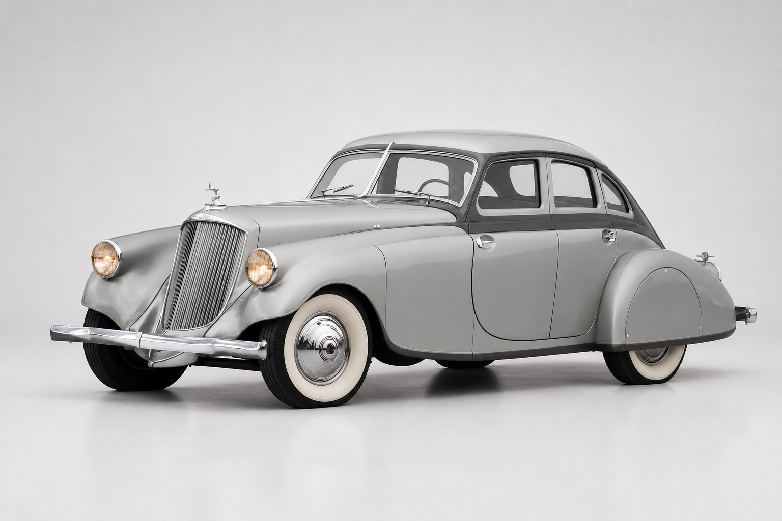 Silver 1933 Pierce-Arrow Silver Arrow streamlined fastback sedan in a studio, front three-quarter view showing the enclosed front fenders, low-set headlamps flanking the tall grille, archer radiator mascot, full rear wheel spats and whitewall tyres.