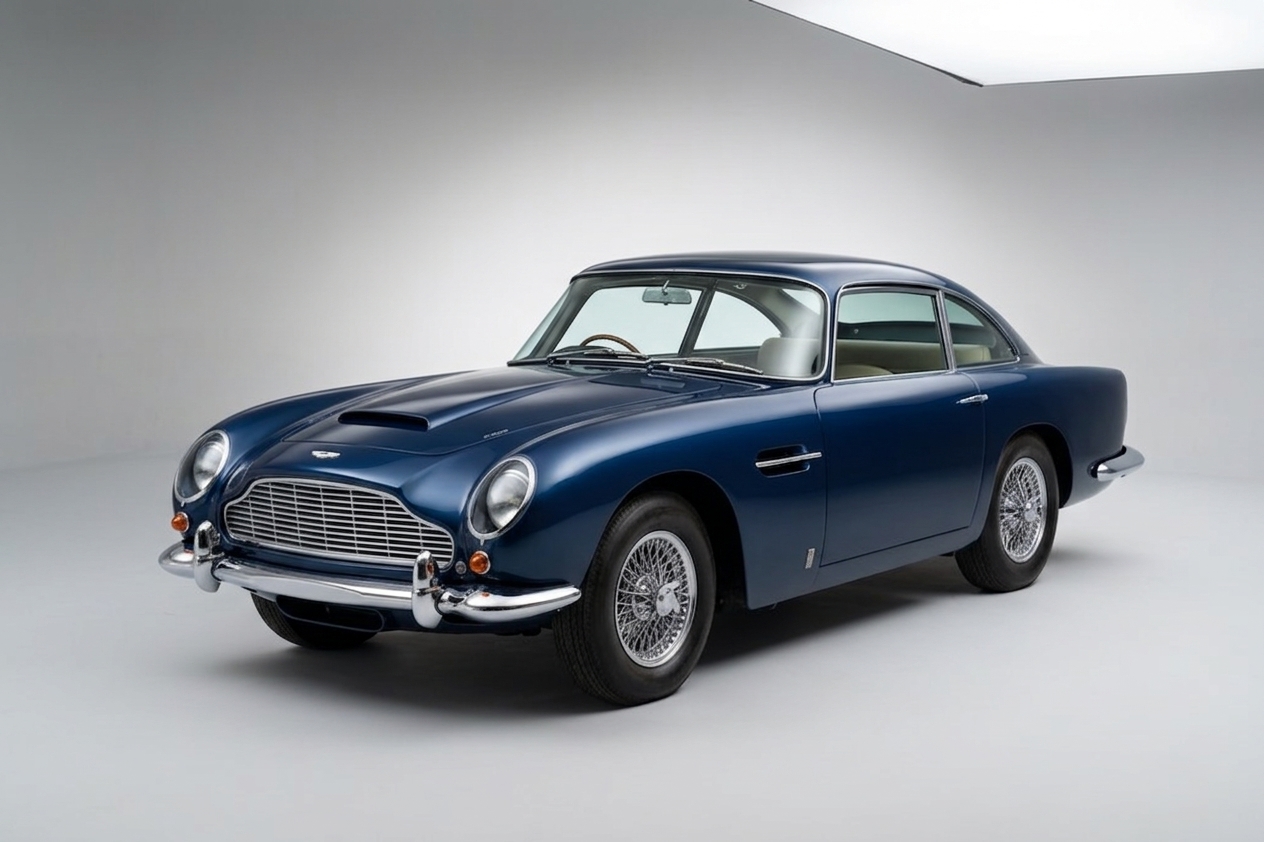 Dark blue Aston Martin DB5 coupe in a clean studio setting, front three-quarter view showing the chrome grille, wire wheels and unmistakable Touring Superleggera silhouette.