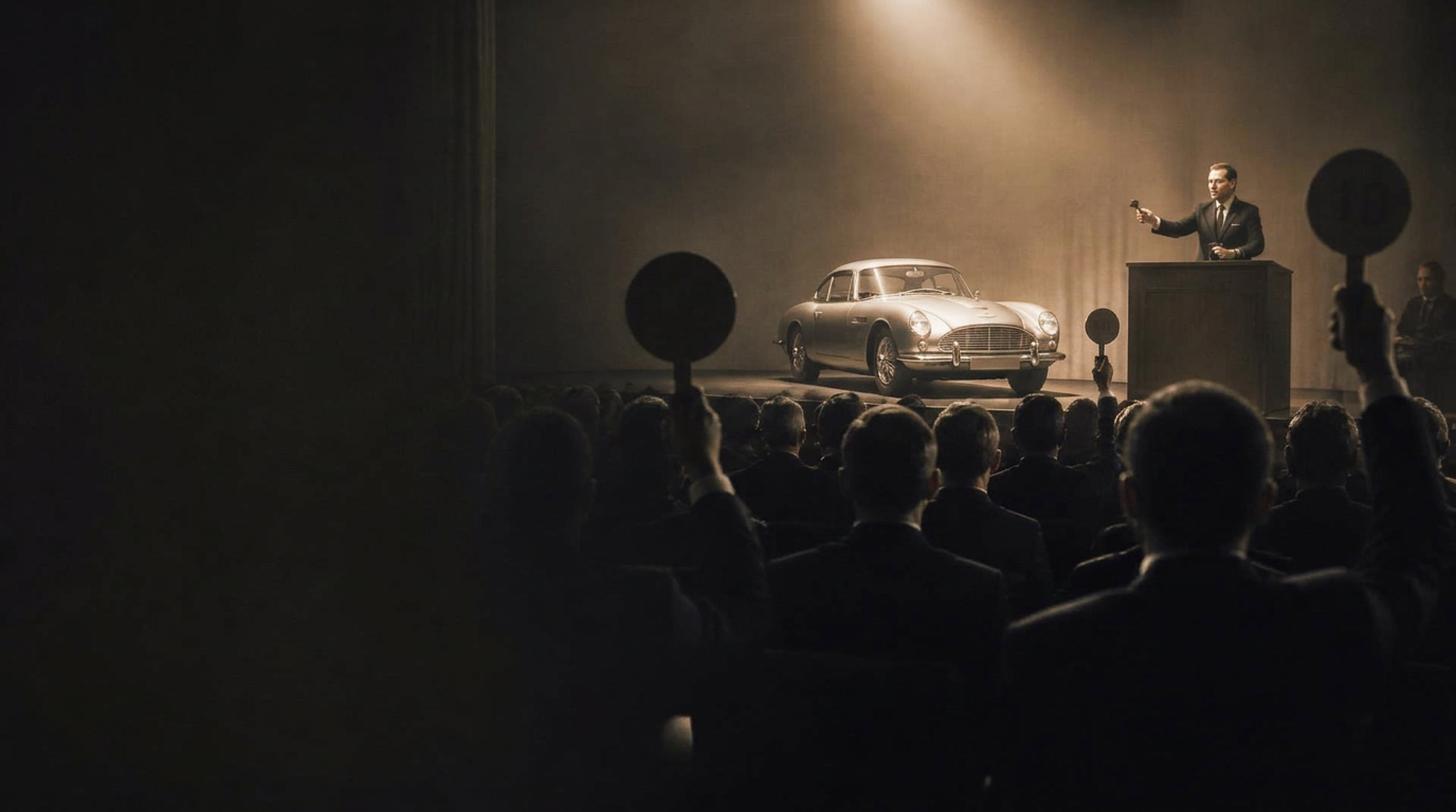An auction room mid-sale, seen from deep within the darkened audience: a single spotlit classic car small on the distant rostrum, the auctioneer at the podium, two raised bidder paddles silhouetted in the foreground bokeh.