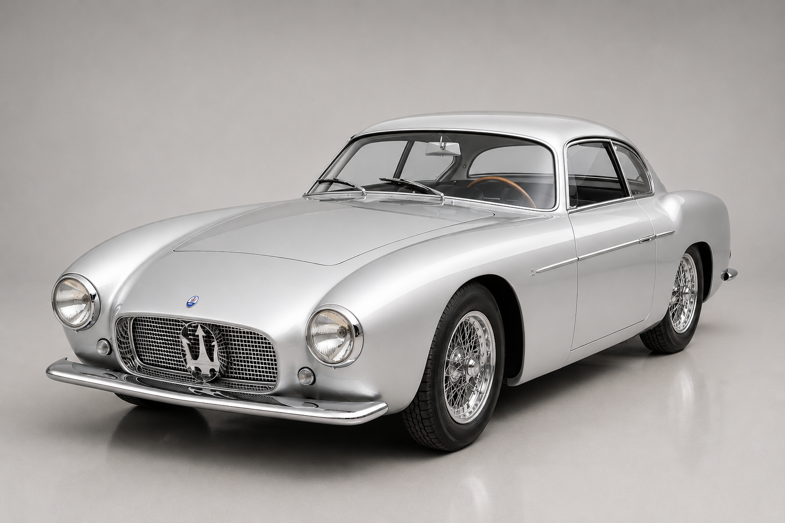 Silver Maserati A6G/54 Berlinetta photographed in a studio, front three-quarter view showing the delicate hand-built coachwork, small oval Trident grille flanked by round headlamps, chrome bumper and Borrani wire wheels.