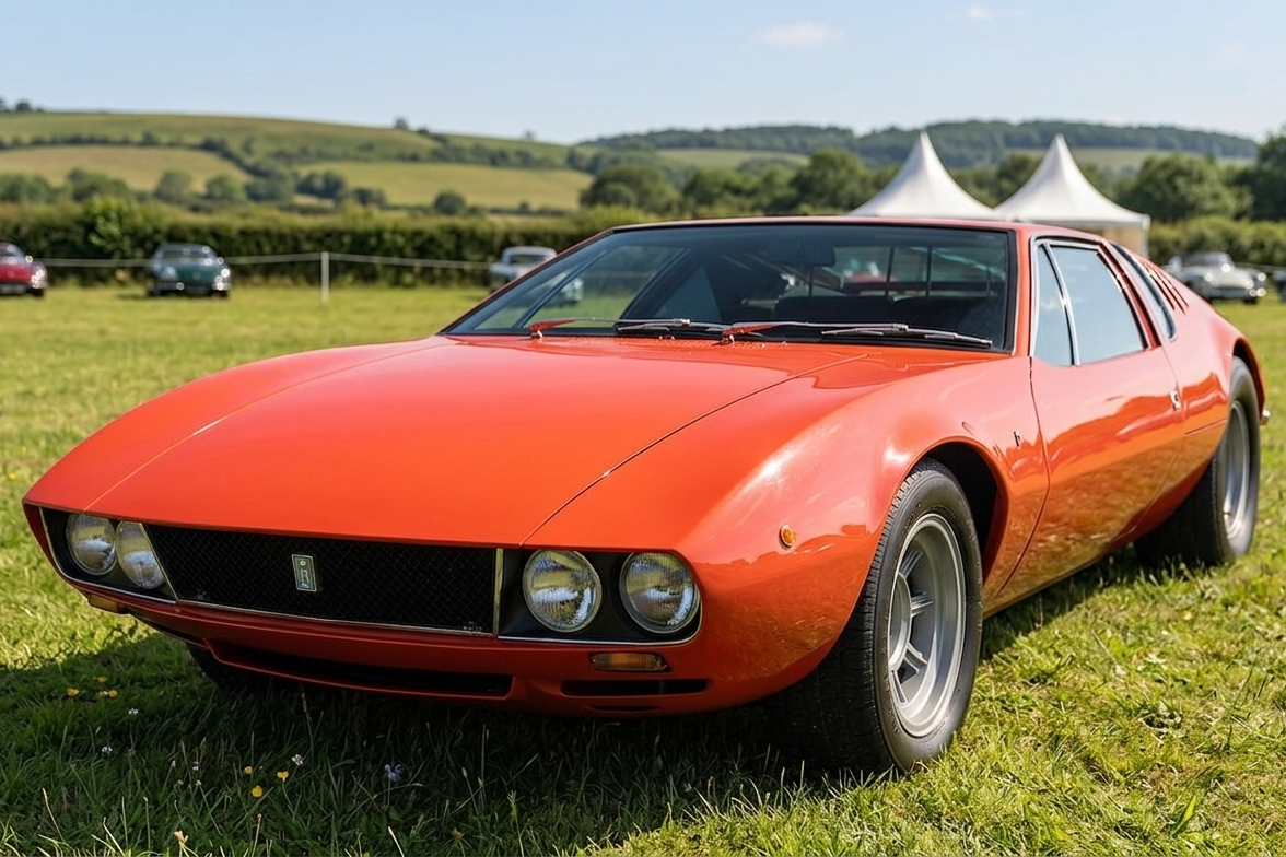 De Tomaso Mangusta, front three-quarter view — a low-slung 1960s Italian mid-engined coupé in bright red with pop-up headlamps recessed under the nose, exposed twin round headlamps, blacked-out grille, chrome window surrounds and finned five-spoke alloy wheels, photographed on grass at an outdoor concours.