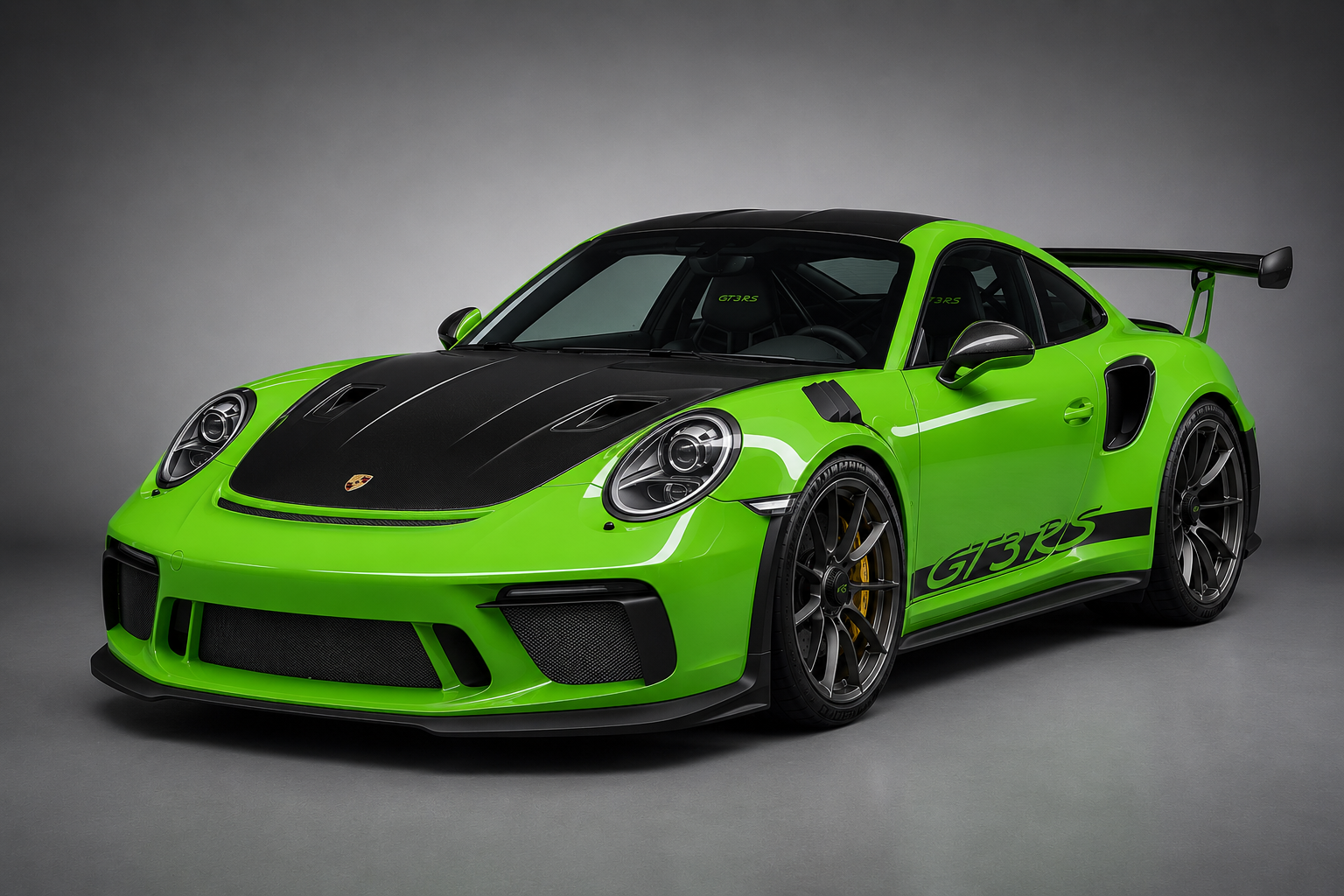 Lizard-green Porsche 911 GT3 RS (991.2) in a grey studio, front three-quarter view showing the exposed carbon bonnet with NACA ducts, magnesium roof and centre-lock forged alloys.