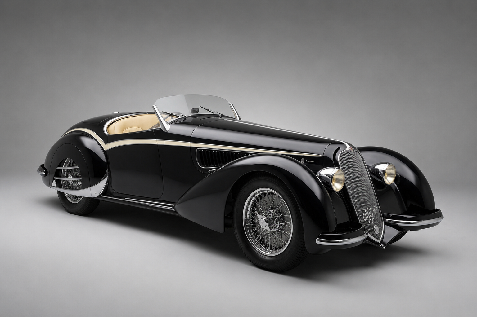 Black Alfa Romeo 8C 2900B Spider with cream interior and full skirted rear wings, front three-quarter studio view, showing the tall chrome grille, chrome wire wheels and flowing 1930s coachwork.