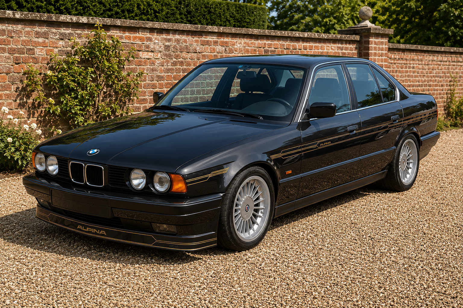 Black Alpina B10 Bi-Turbo (E34) with gold Alpina pinstripes and 17-inch Alpina wheels, front three-quarter view on a raked gravel drive in front of a walled brick estate garden — user-supplied image; meets the concours/estate brief.