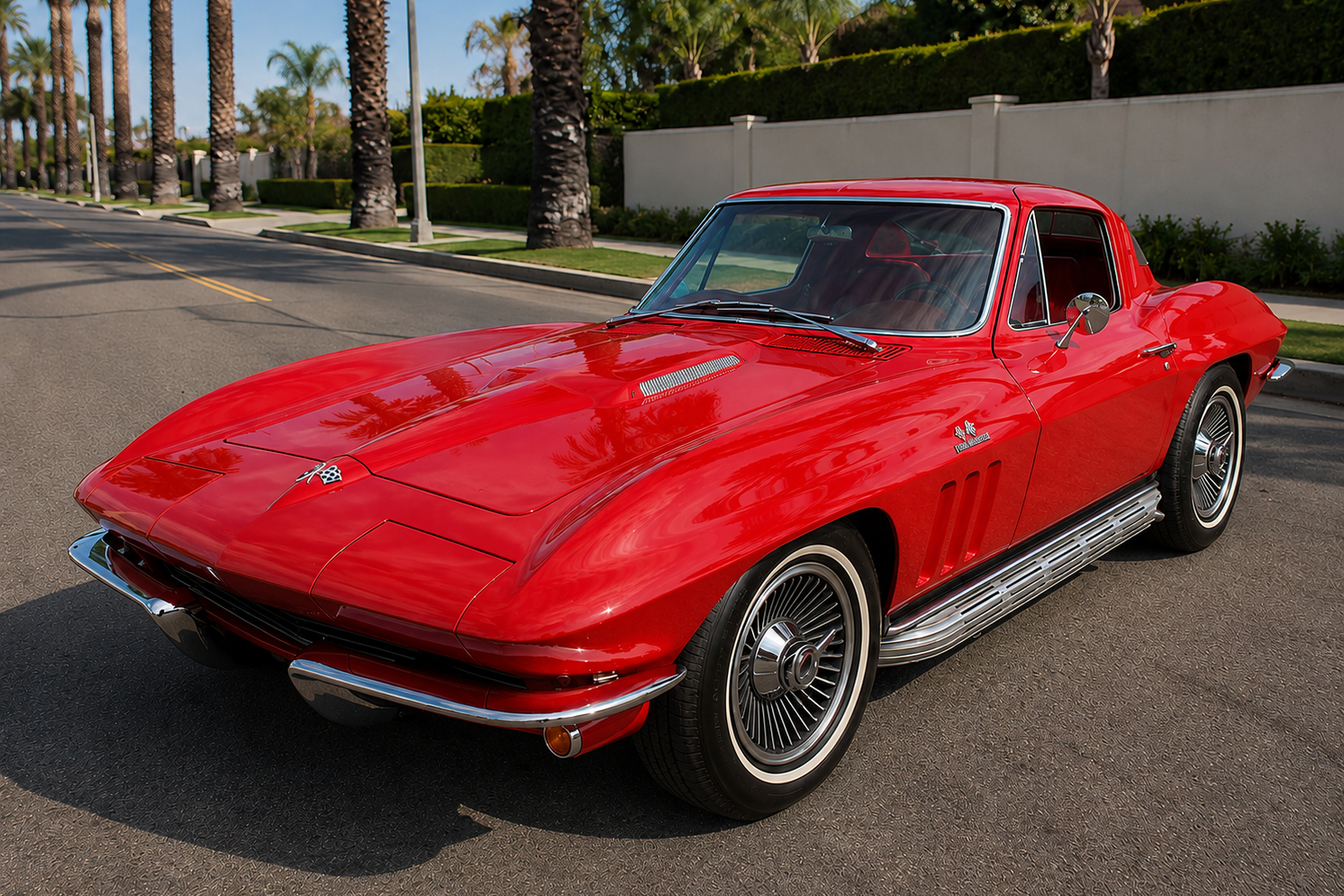 Red 1965 Chevrolet Corvette Sting Ray C2 coupe parked on a palm-lined suburban street, showing chrome side-exit exhaust and turbine-style wheels.