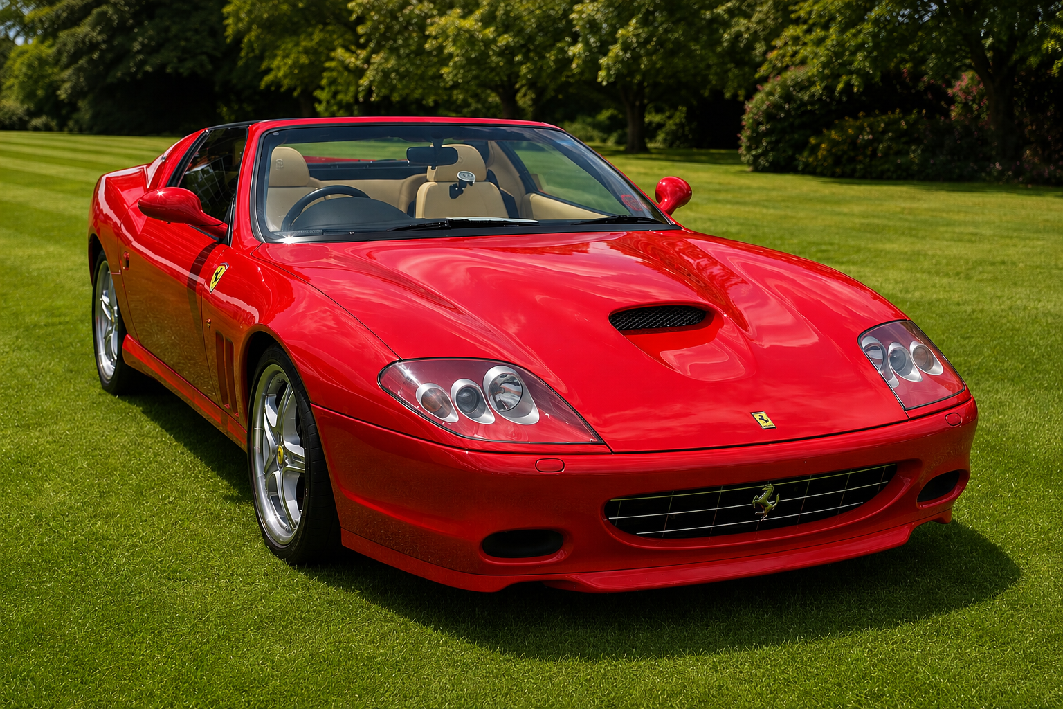 Rosso Corsa Ferrari 575 Superamerica with its electrochromic Revocromico roof open, parked on manicured grass, tan interior, front three-quarter view, 2005–2006.