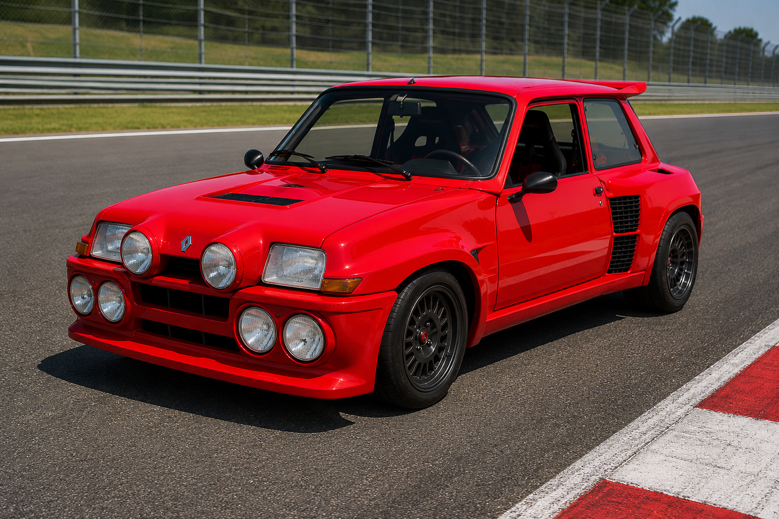 Red Renault 5 Turbo 2 on a race circuit pit lane, front three-quarter view showing the wide box-flared wings, quad round headlights, bonnet scoop and black multi-spoke alloy wheels.