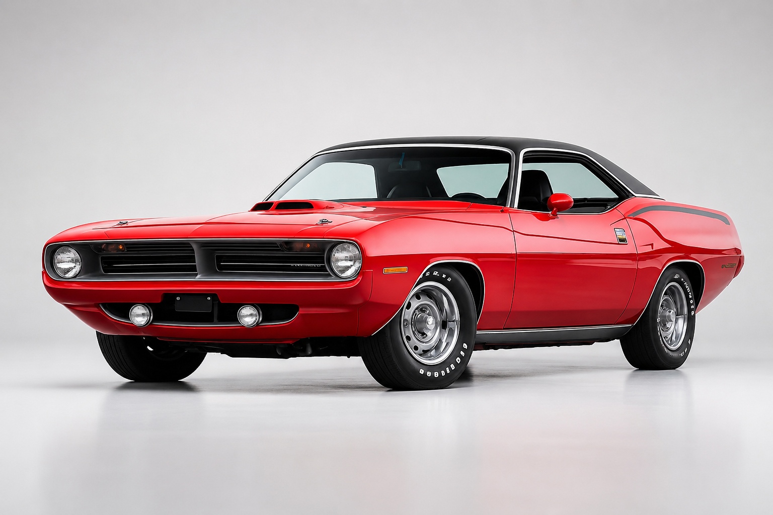 Red 1970 Plymouth Hemi 'Cuda with black vinyl roof, front three-quarter view in a studio, showing the shaker hood scoop, split grille, driving lamps, hockey-stick quarter stripe and Rallye wheels.