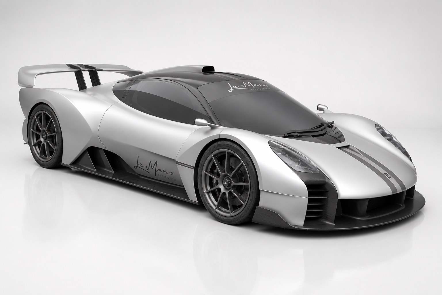 Silver Gordon Murray Automotive Le Mans GTR photographed in a studio, front three-quarter view showing the longtail bodywork, black roof and canopy, low nose, prominent central rear intake, dark multi-spoke wheels and 'Le Mans' script on the door and rear haunch.