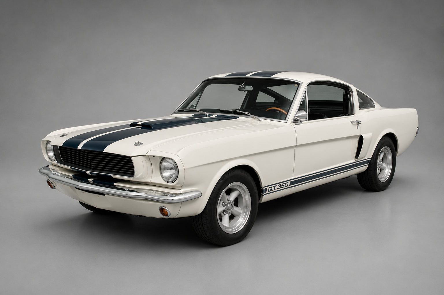 Wimbledon White Shelby GT350 fastback with dark blue Le Mans stripes and G.T.350 side graphics, front three-quarter studio view showing the blacked-out grille, hood scoop, side-exit exhaust and five-spoke alloy wheels.