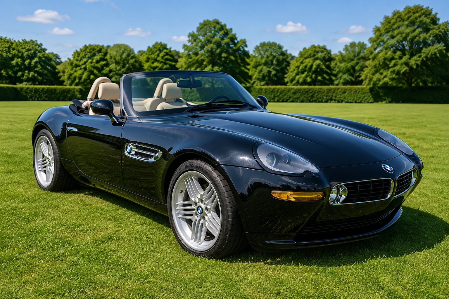 Black Alpina Roadster V8 (Z8) with cream Nappa interior, front three-quarter view on a manicured estate lawn with mature hedging — user-supplied image; meets the concours/estate brief.
