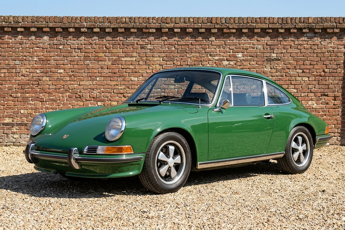 Porsche 912 coupé, front three-quarter view — original 1965–1969 four-cylinder 911-bodied Porsche, dark green over black interior, on the classic early-911 body with fluted-centre alloy wheels.