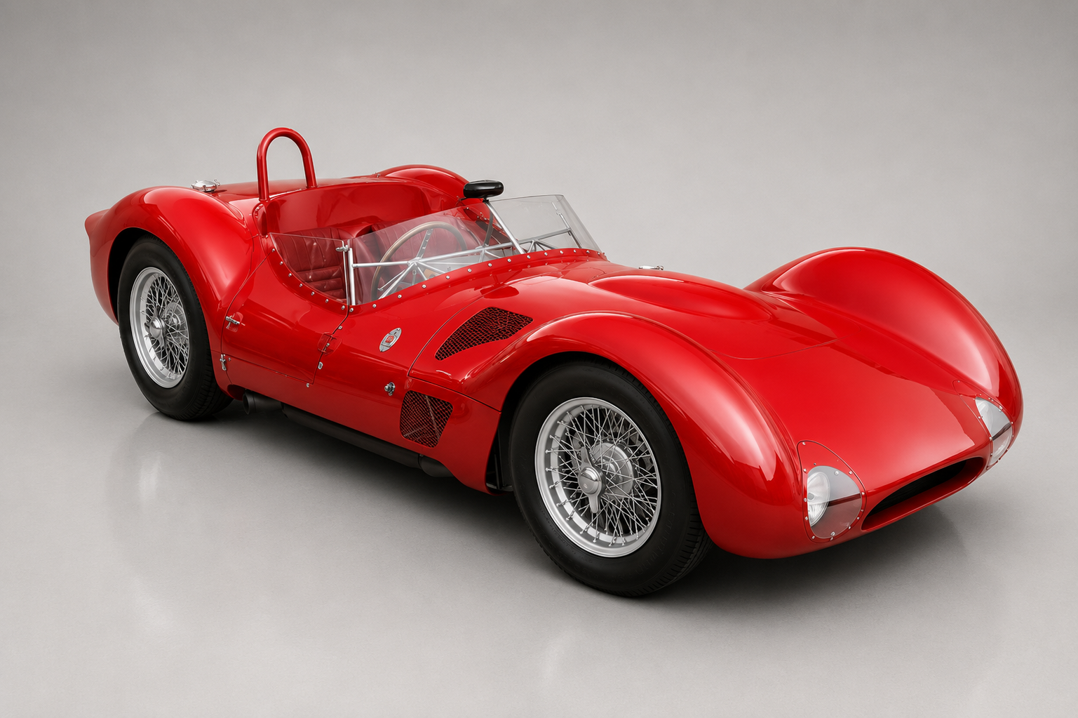 Red Maserati Tipo 60/61 Birdcage sports racer photographed in a studio, front three-quarter view showing the low curvaceous open bodywork, small oval nose intake, exposed roll hoop, wire wheels and cut-down aero screen.