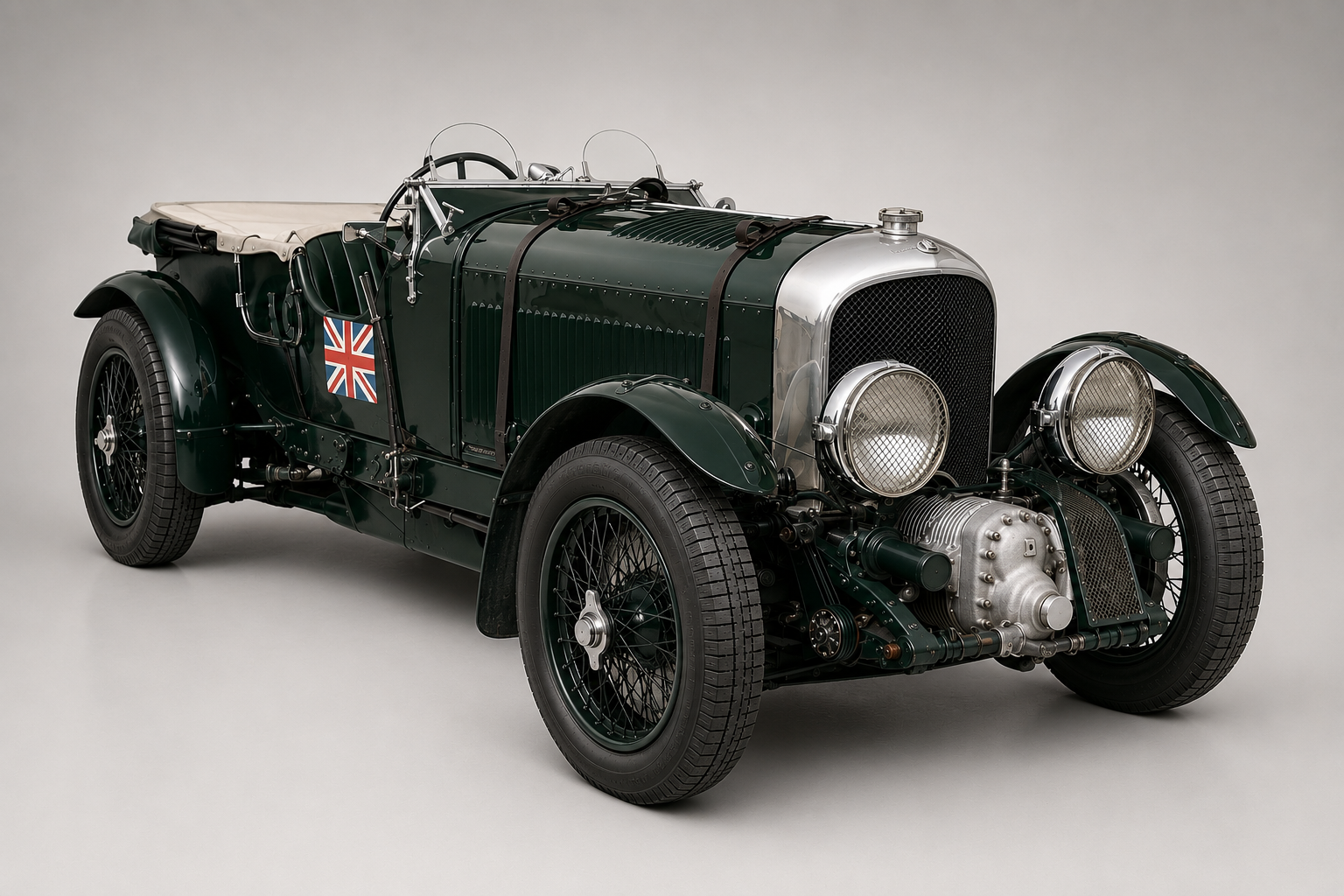 British Racing Green Bentley 4½ Litre Blower tourer in a bright studio, front three-quarter view showing the polished radiator shell, mesh stone-guard grille, Amherst Villiers supercharger mounted ahead of the radiator, twin fabric-strapped headlamps, Union Jack livery on the bonnet side and wire-spoke wheels with knock-off centres.