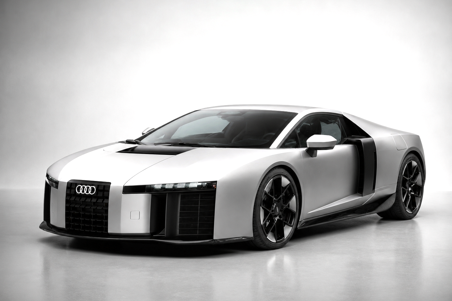 Audi Nuvolari in Titanium silver, front three-quarter studio view against a soft grey backdrop, showing the four-ring signature framed by a broad flat grille and slim horizontal daytime running lights, the vented S-duct front, deep carbon splitter, side intake ahead of the rear axle feeding the mid-mounted 4.0-litre twin-turbo V8, sculpted CFRP bodywork, forged multi-spoke centre-lock wheels and mid-engined coupé silhouette.
