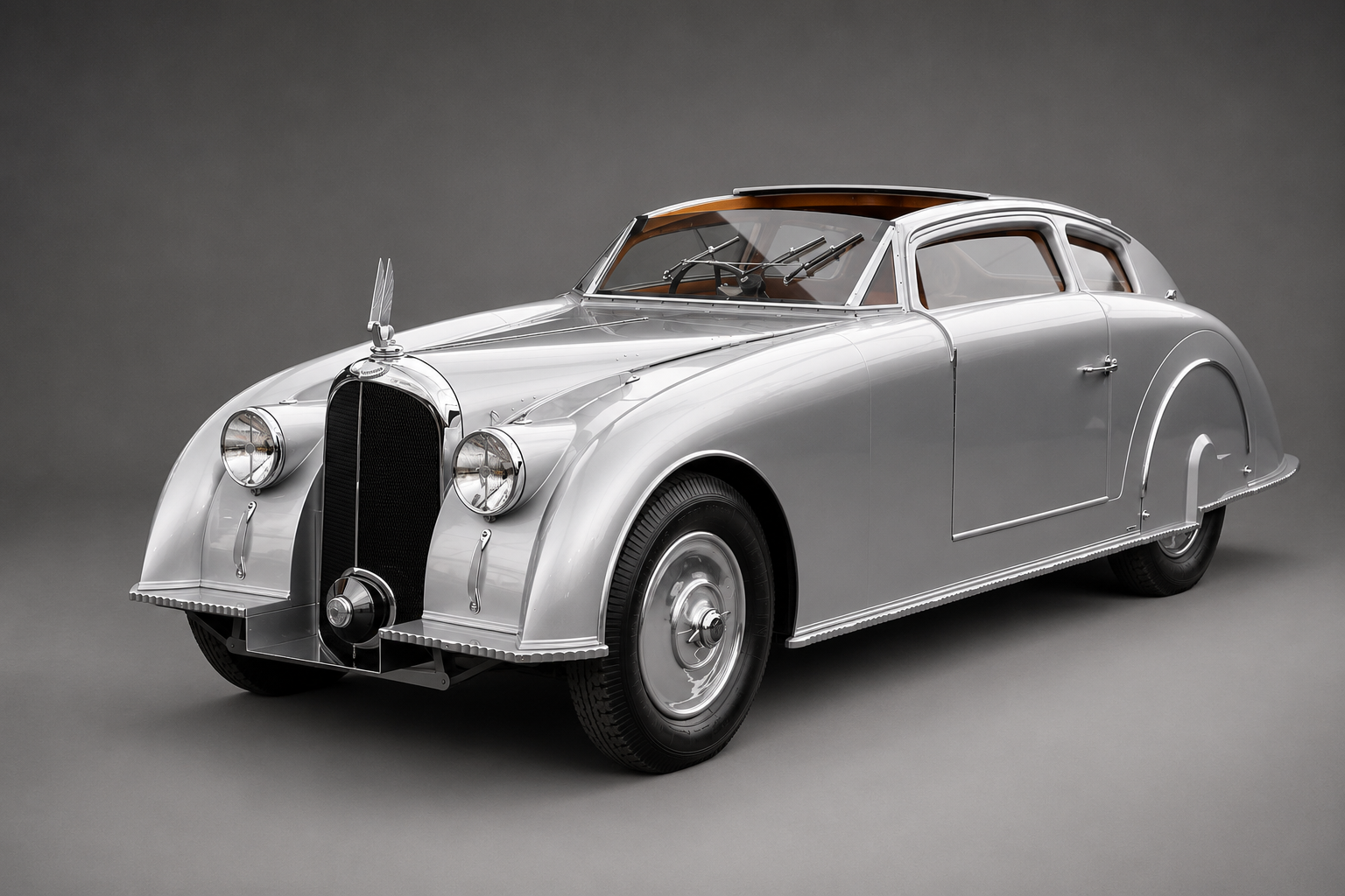 Silver Voisin C14 / C28 aerodynamic saloon, front three-quarter studio view on a plain grey backdrop showing the tall vertical grille with winged mascot, twin headlamps, aluminium bodywork with faired-in rear wheel skirts and a wooden roof panel.