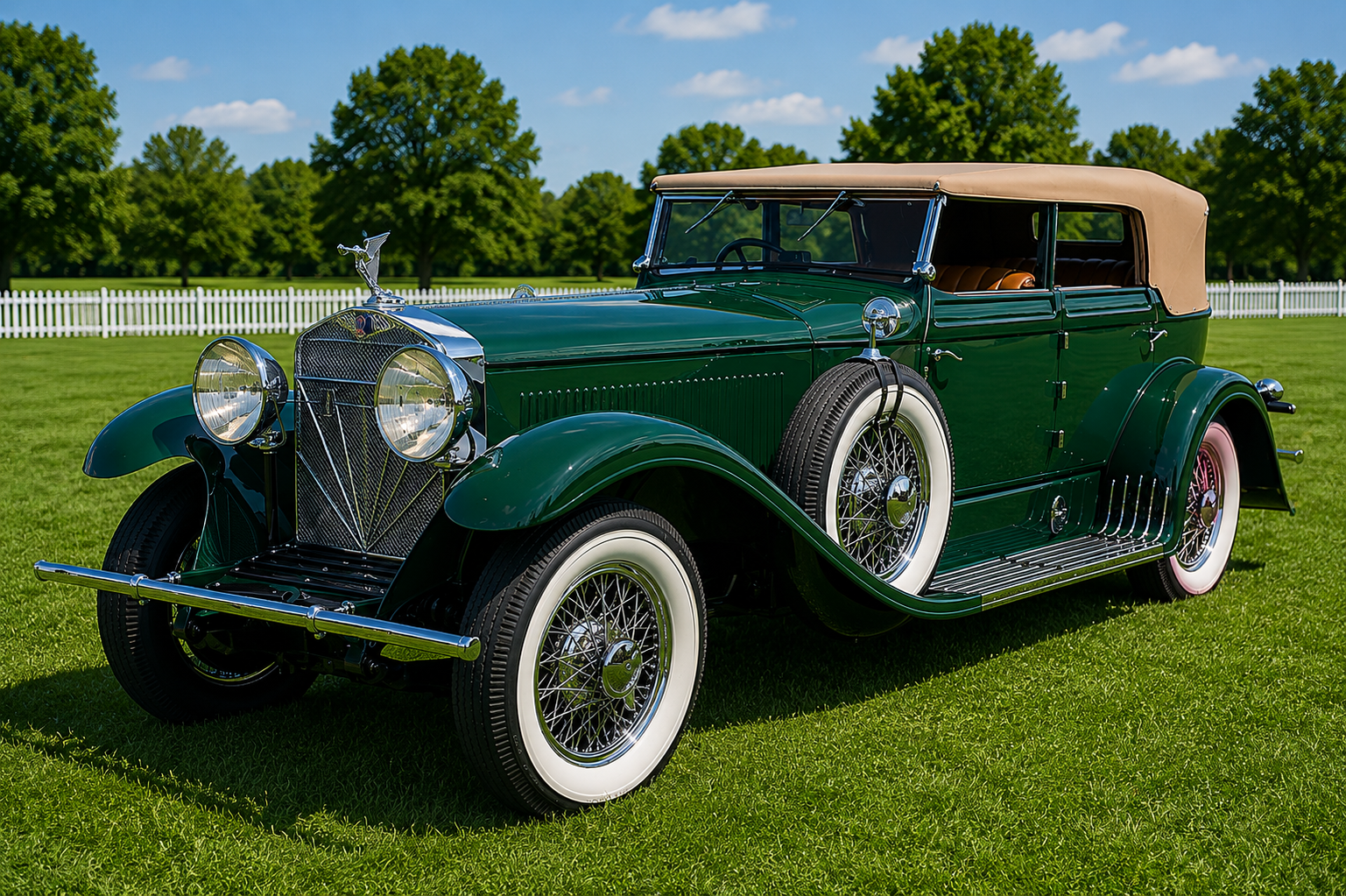 Green 1920s Isotta Fraschini Tipo 8A tourer with tan soft-top, chrome radiator and whitewall tyres on grass at a classic car show.