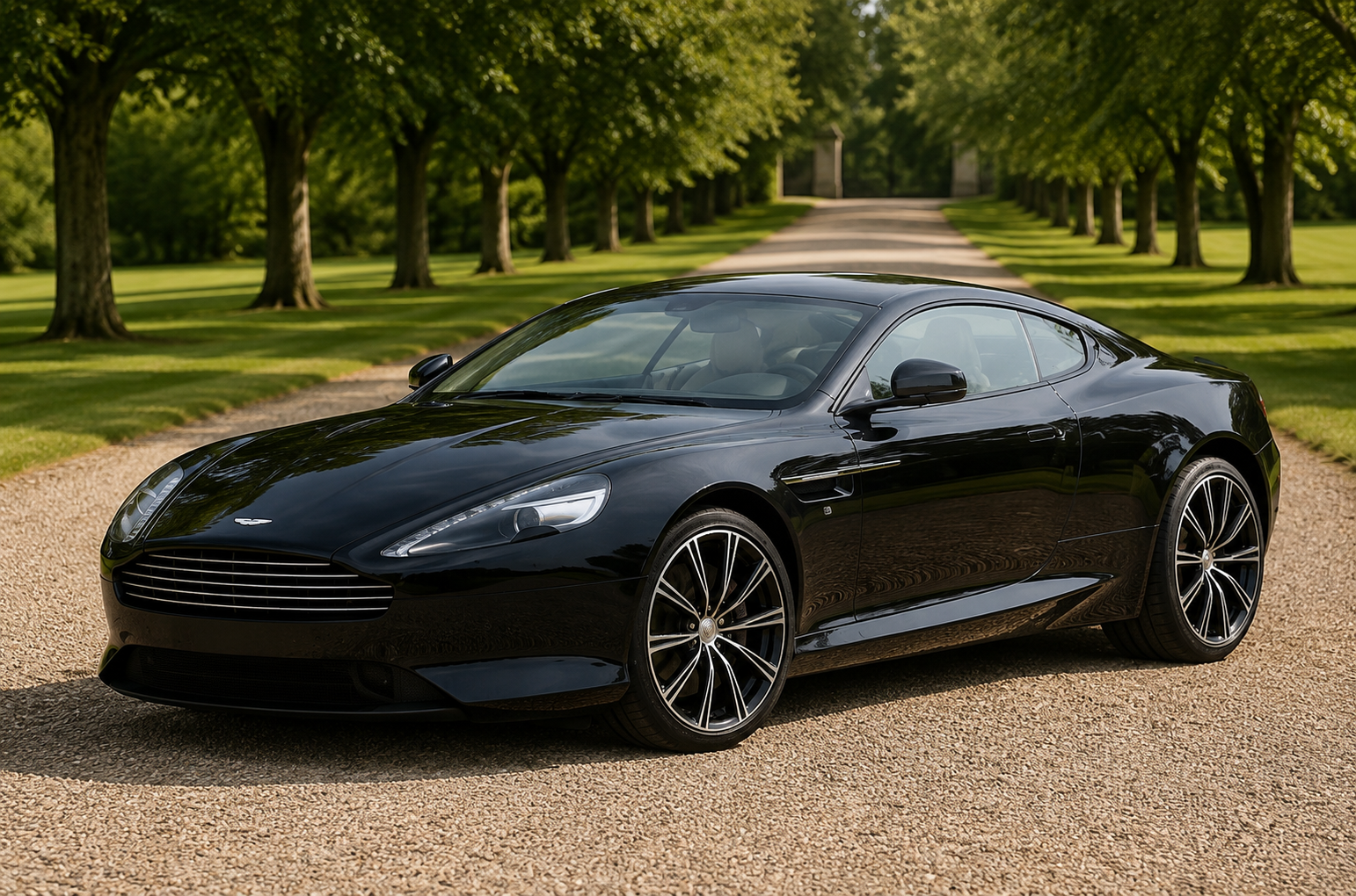 Black Aston Martin DB9 coupe on a gravel driveway between rows of trees, front three-quarter view showing the mesh grille, faired-in headlamps, chrome side strake and multi-spoke diamond-turned alloy wheels.