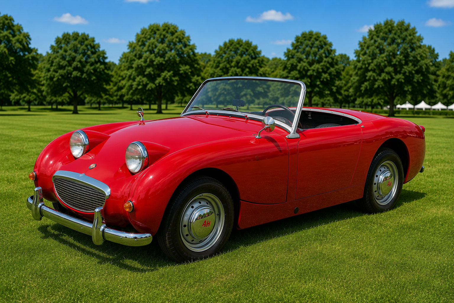 Red Austin-Healey Sprite Mk I 'Frogeye' photographed front three-quarter on a manicured concours lawn, hood down, chromework and steel disc wheels detailed — user-supplied image meeting the display/estate brief.