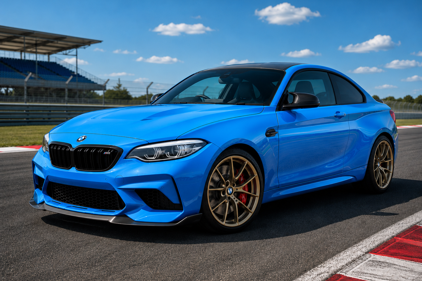 Blue BMW M2 (F87) Competition on a racetrack, front three-quarter view showing the black kidney grille, LED headlamps, carbon-fibre mirror caps, gold alloy wheels with red brake calipers and the compact M coupe stance.