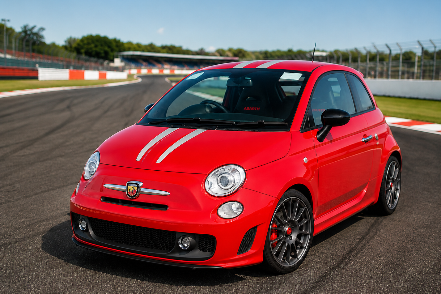 Red Abarth 695 Tributo Ferrari three-door hatchback on a race circuit, front three-quarter view showing the silver bonnet stripes, Scorpion badge over a yellow shield, black lower bumper, dark grey multi-spoke alloy wheels and red brake calipers.