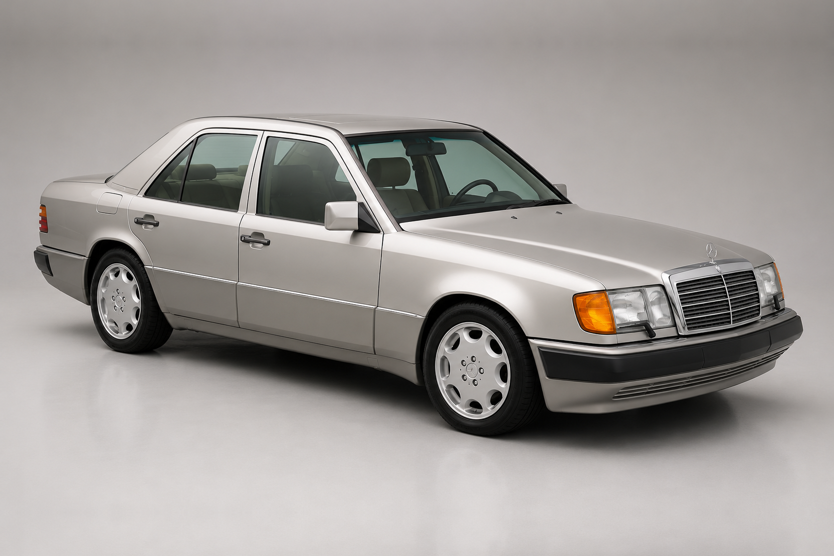 Silver Mercedes-Benz 500 E (W124) saloon photographed in a studio, front three-quarter view showing the flared wheelarches, chrome grille with three-pointed star bonnet ornament, quad rectangular headlamps, black lower cladding and the multi-hole 'monoblock' alloy wheels.
