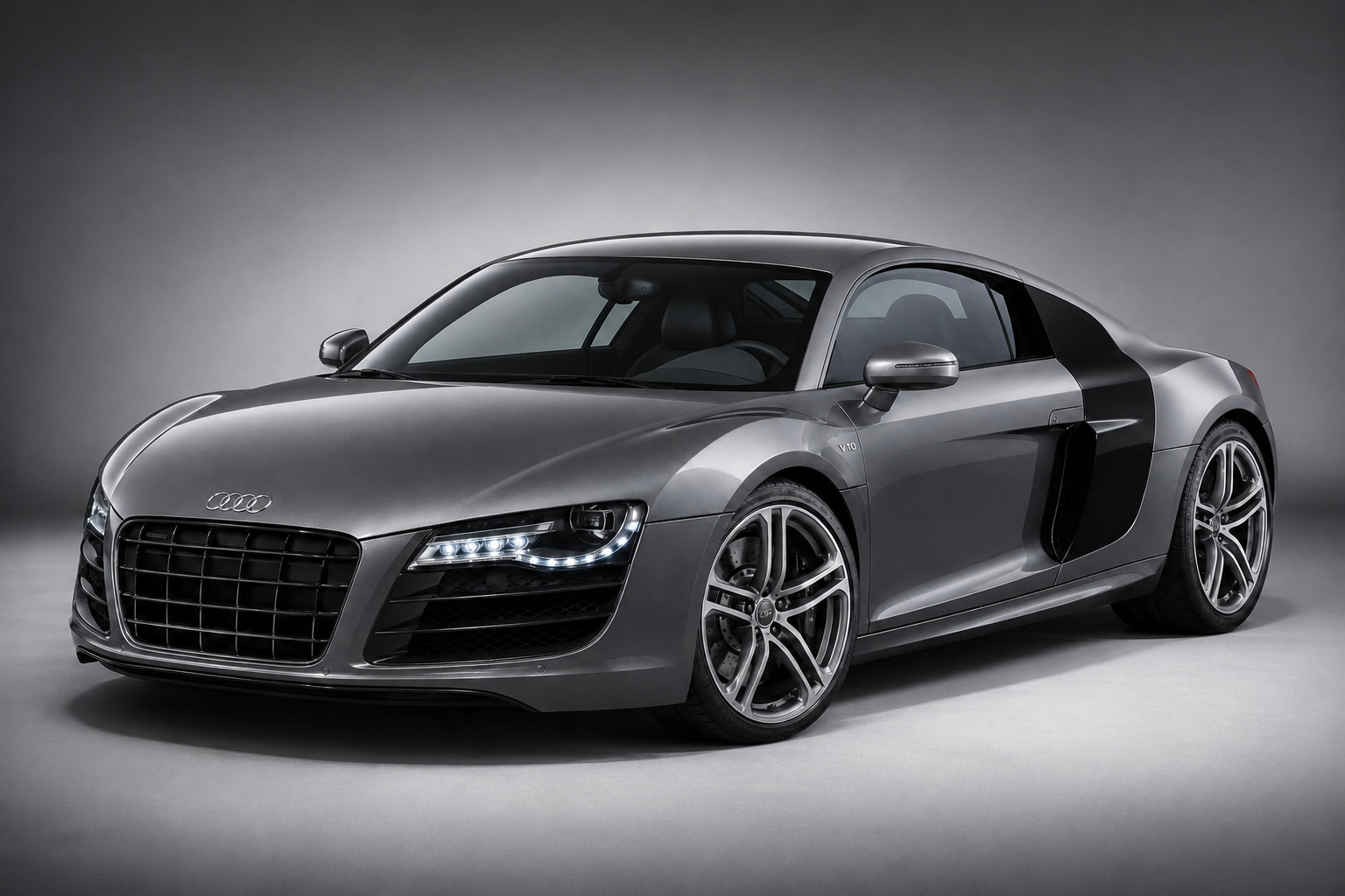 Metallic grey Audi R8 (Type 42) V10 coupe in a grey studio setting, front three-quarter view showing the single-frame grille, LED daytime running lights, black side blade and multi-spoke alloy wheels.