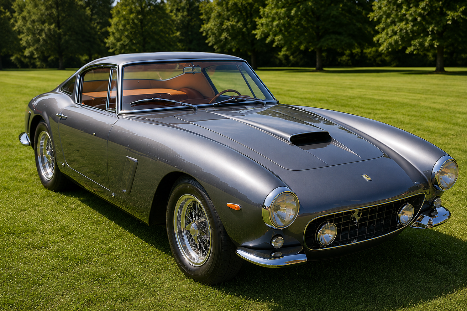 Grey Ferrari 250 GT Berlinetta coupe with tan leather interior parked on a manicured lawn with mature trees in the background, front three-quarter view showing the chromed egg-crate grille with prancing horse badge, round headlamps, bonnet scoop, chrome bumperettes and chromed wire wheels.