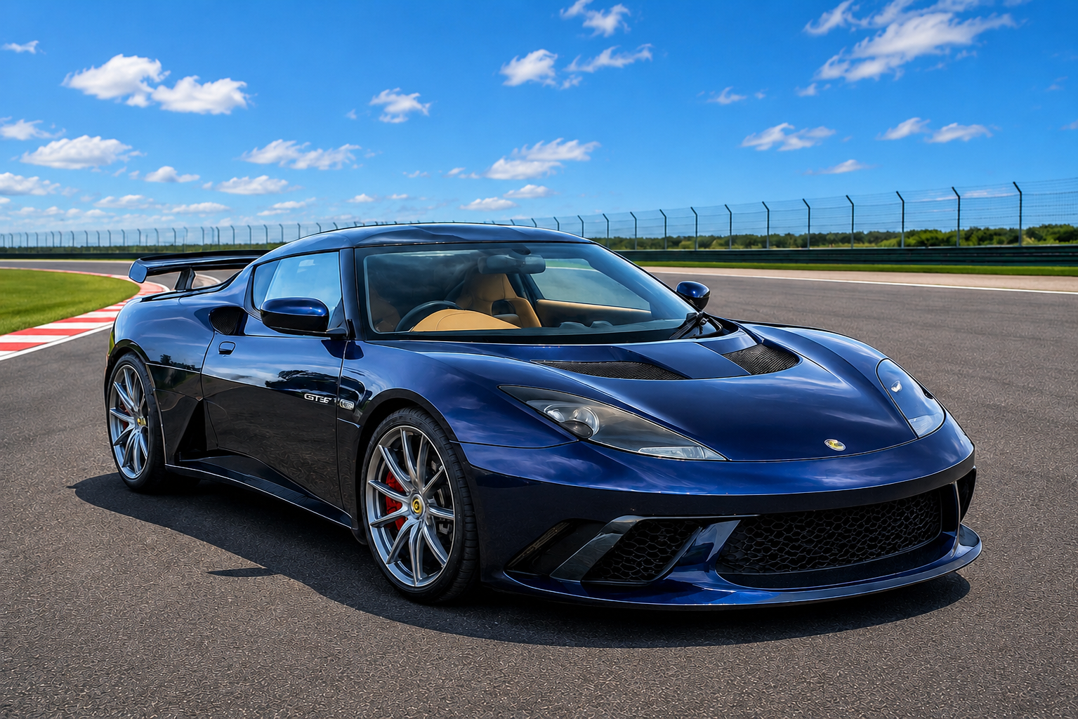 Dark blue Lotus Evora GT430 coupe on a racetrack under a blue sky, front three-quarter view with tan leather interior visible.