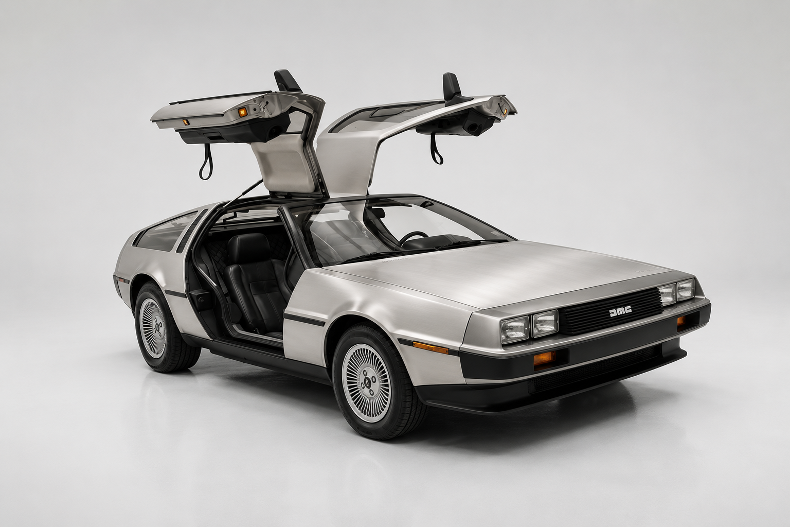 Brushed stainless-steel DeLorean DMC-12 with gullwing doors open, shown from the front against a plain studio background.