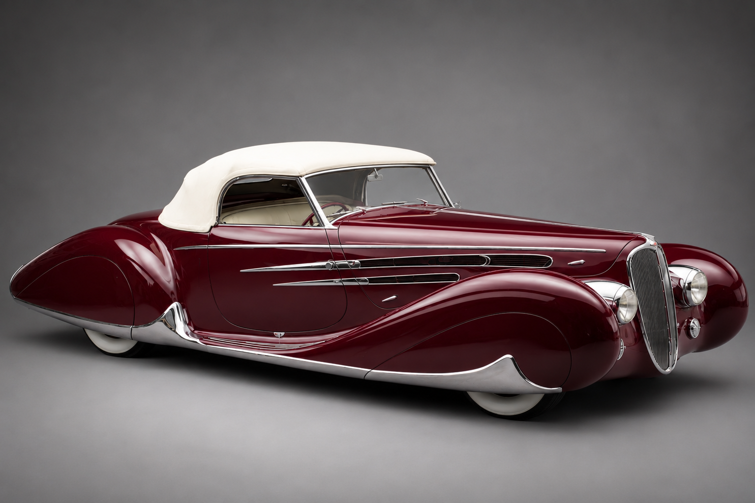 Deep maroon Delahaye 165 Figoni et Falaschi cabriolet with cream folding roof raised, front three-quarter studio view on a plain grey backdrop showing pontoon-fendered streamlined bodywork, chromed speedlines, teardrop wing sweeps and whitewall tyres.