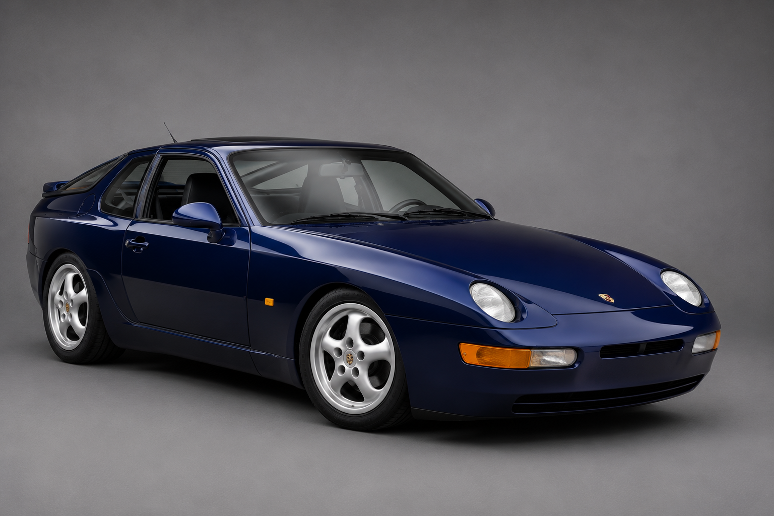 Dark blue Porsche 968 coupe, front three-quarter studio view on a plain grey backdrop showing the pop-up headlights raised, integrated body-coloured bumpers and Cup-style alloy wheels.