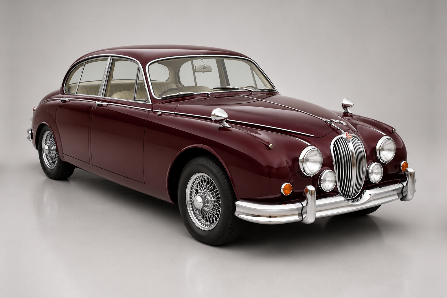 Maroon Jaguar Mk2 saloon photographed in a studio, front three-quarter view showing the chrome vertical-bar grille, twin round headlamps with driving lamps, curved bonnet, wire wheels, chrome bumpers and Lyons-era sports-saloon proportions.