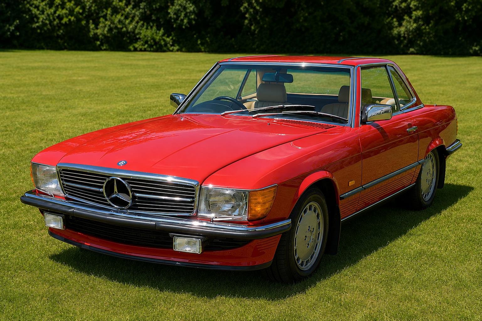 Red Mercedes-Benz R107 SL with body-colour hardtop raised, parked on a manicured lawn with trees behind, front three-quarter view showing the horizontal-slat grille with three-pointed star, ribbed side rub strips, chrome bumper and finned alloy wheels.